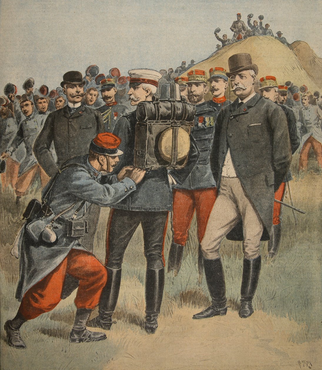 Com as manobras do exército: O duque de Connaught testando a bolsa de um soldado, ilustração do Le Petit Journal: Supplement illustre, 2 de outubro de 1898 de French School