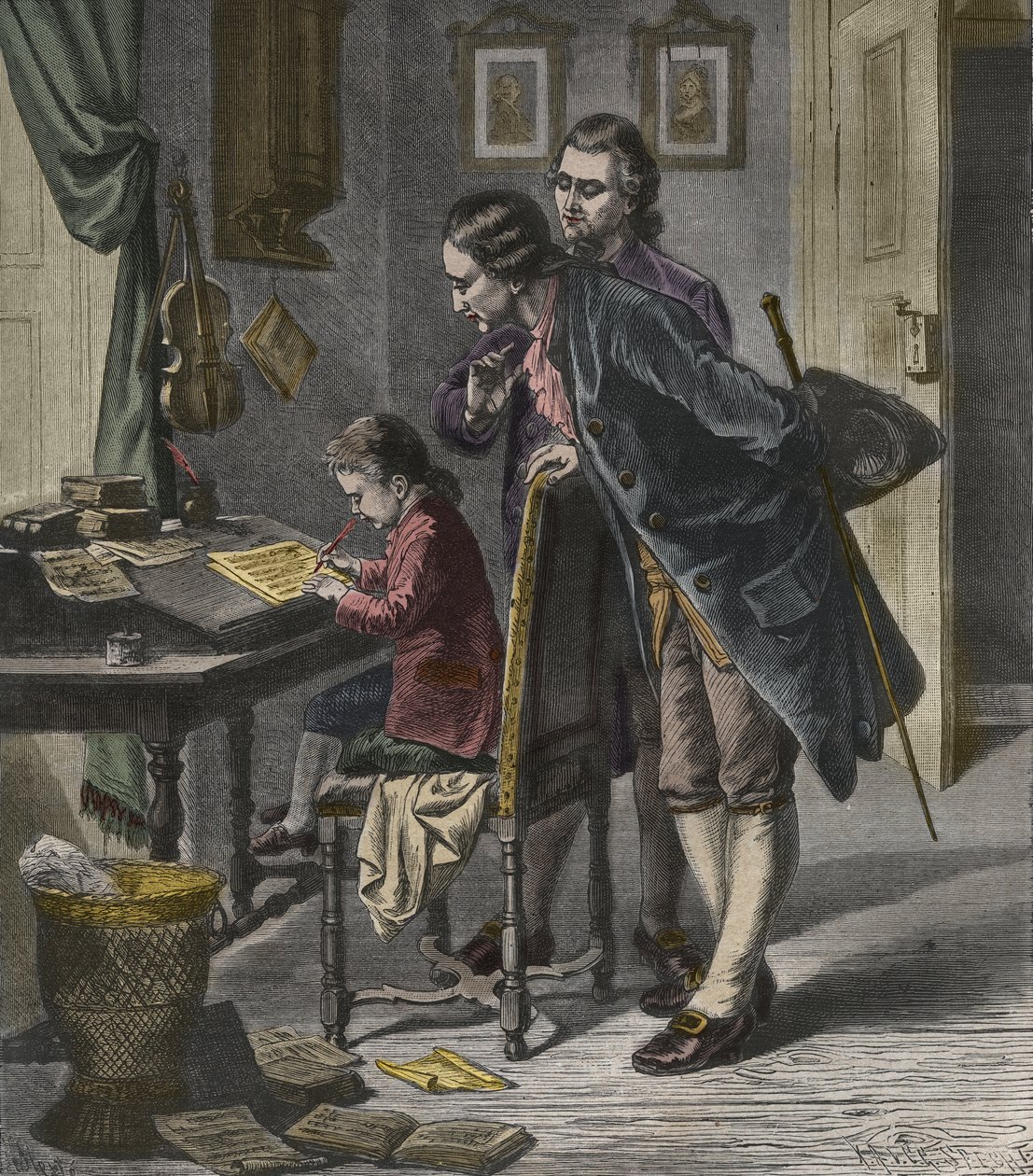 Wolfgang Amadeus Mozart escrevendo um concerto na presença de seu pai, Leopold, ilustração de &39;La Musique Populaire&39; de French School
