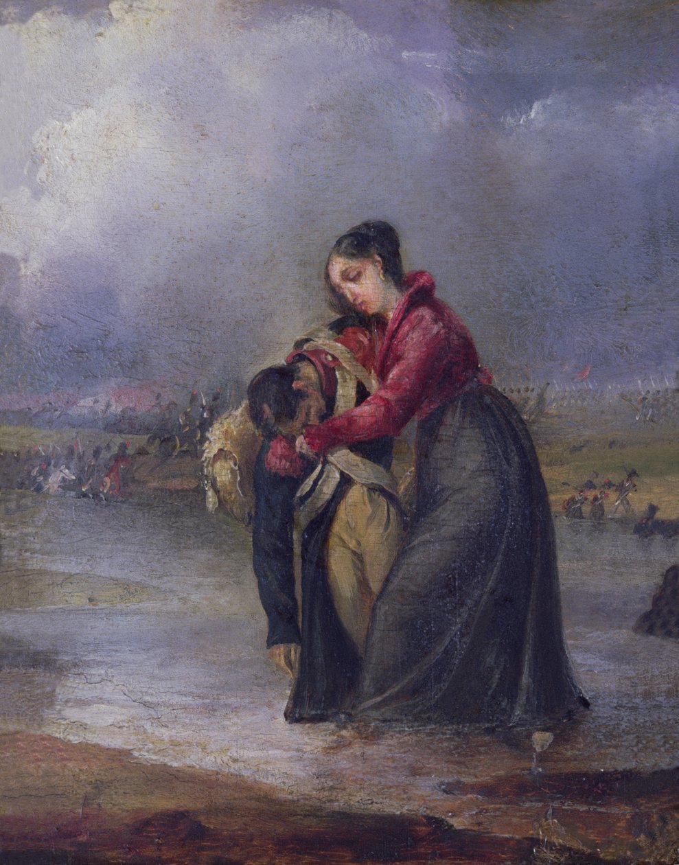 Mulher carregando um soldado ferido durante as guerras napoleônicas de French School