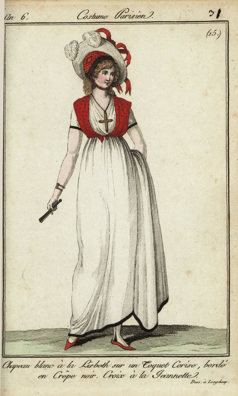 Mulher com chapéu Lisbeth à moda de 1798 (gravura em chapa de cobre colorida à mão) de French School
