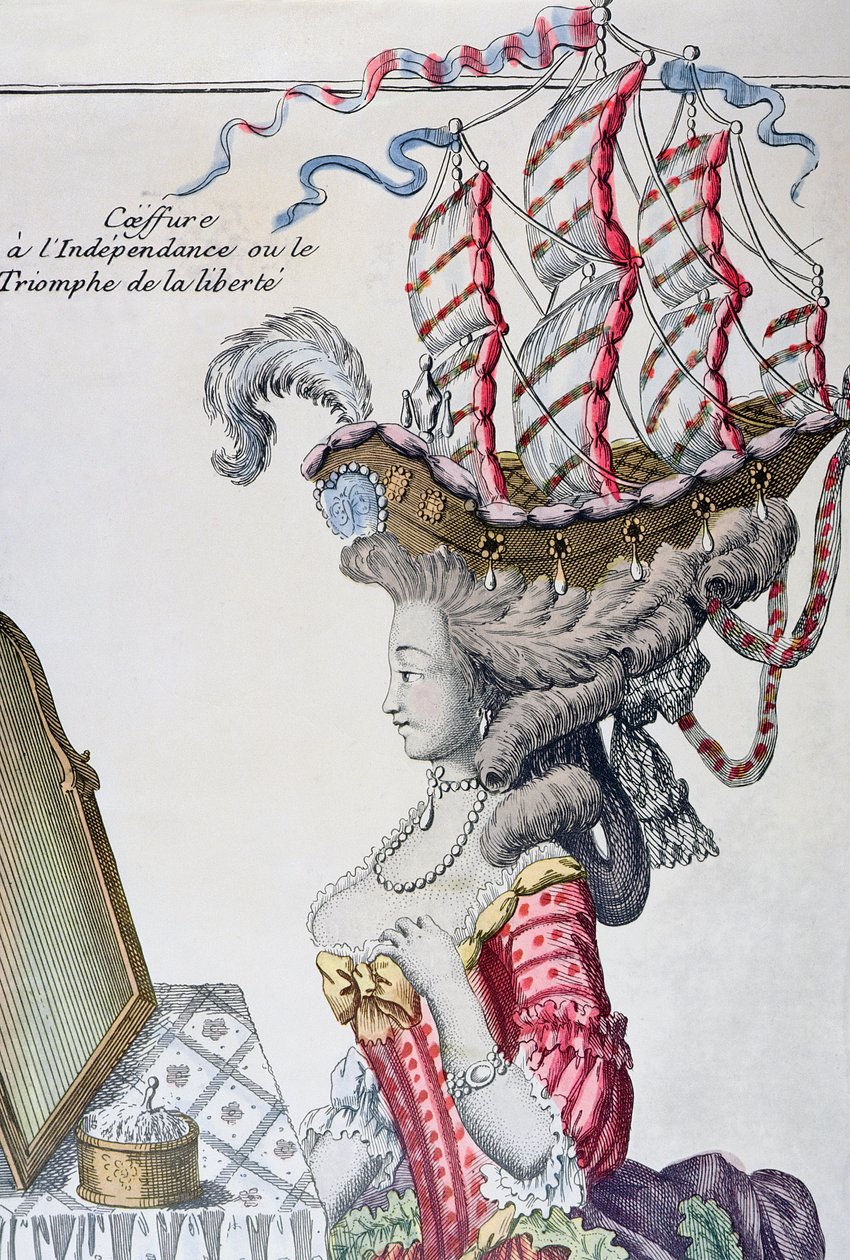 Mulher em um vestido de dia com um penteado a la Belle Poule, período da independência americana, 1779-80 de French School