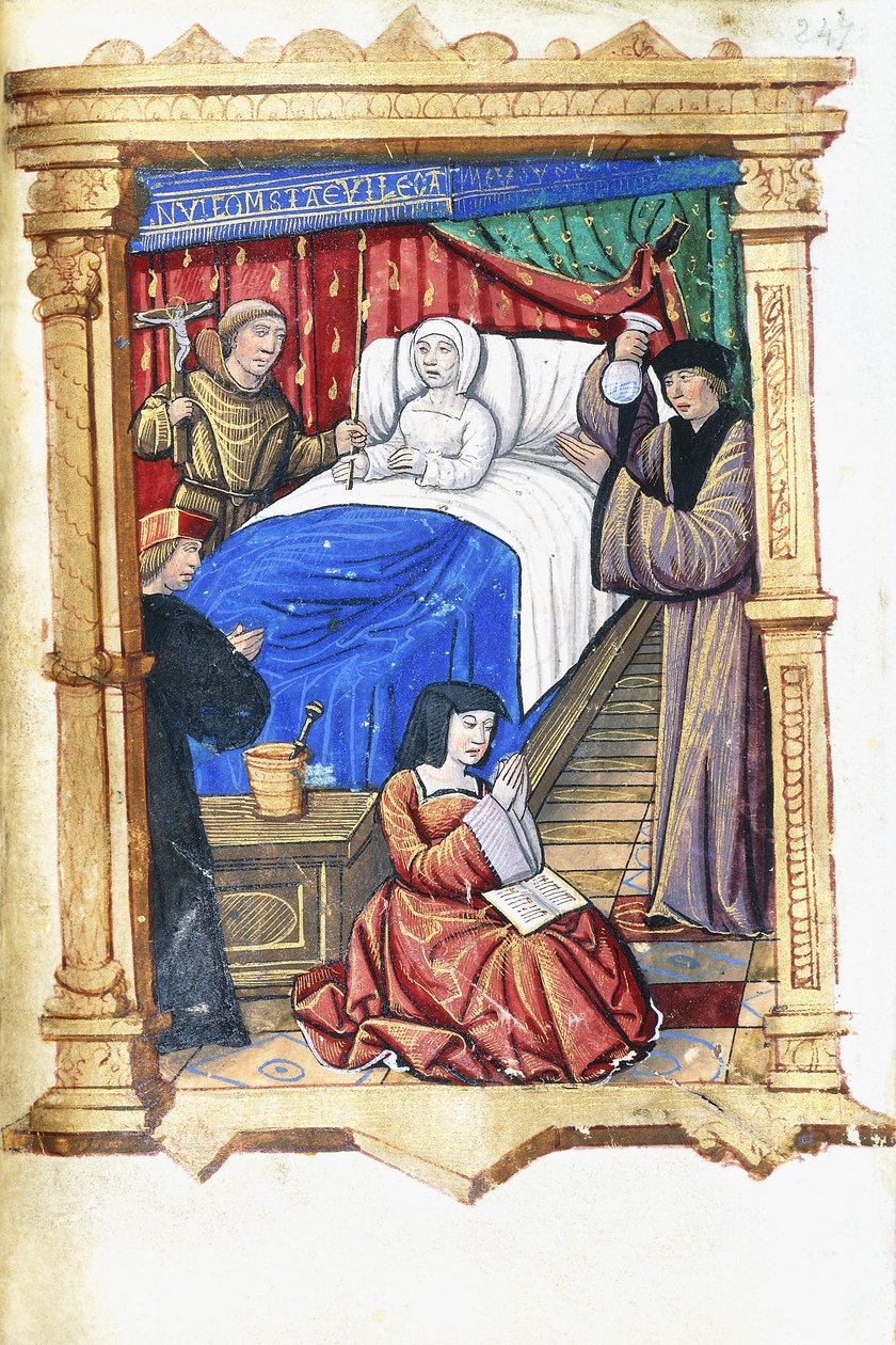 Mulher em uma cena de leito de morte com João Batista, c.1475-1500 de French School