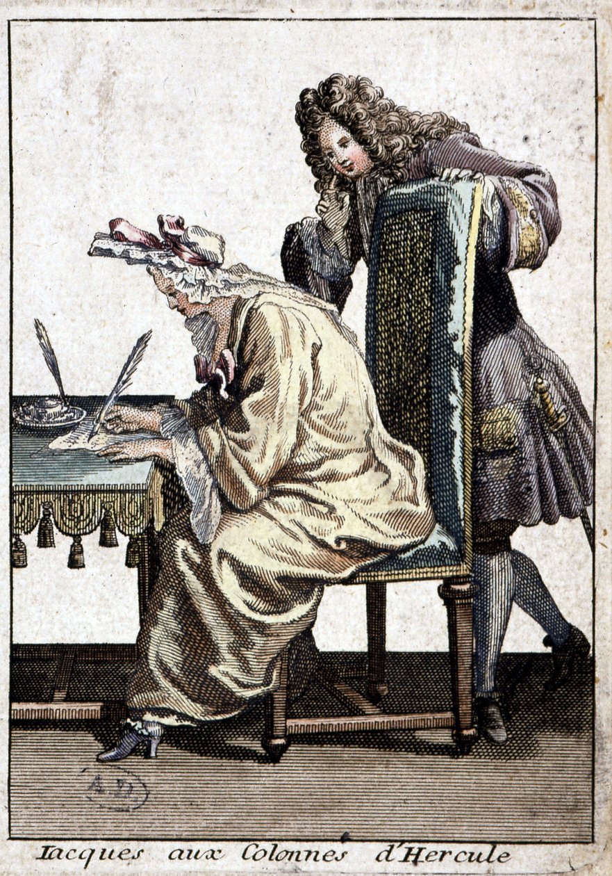 Mulher de camisa e touca de dormir a escrever uma carta com homem, n.d. v. 1715. de French School