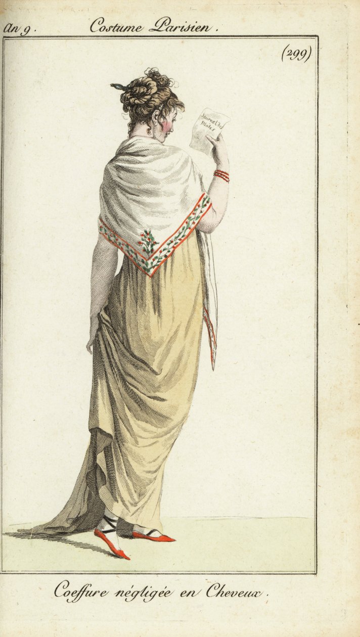 Mulher em um penteado casual lendo uma revista de moda de French School