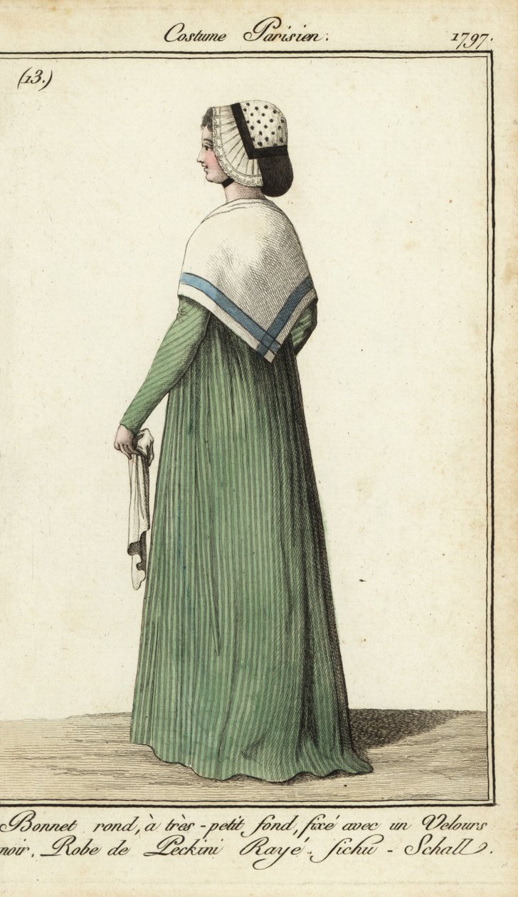 Mulher de vestido às riscas com xaile de lenço de French School