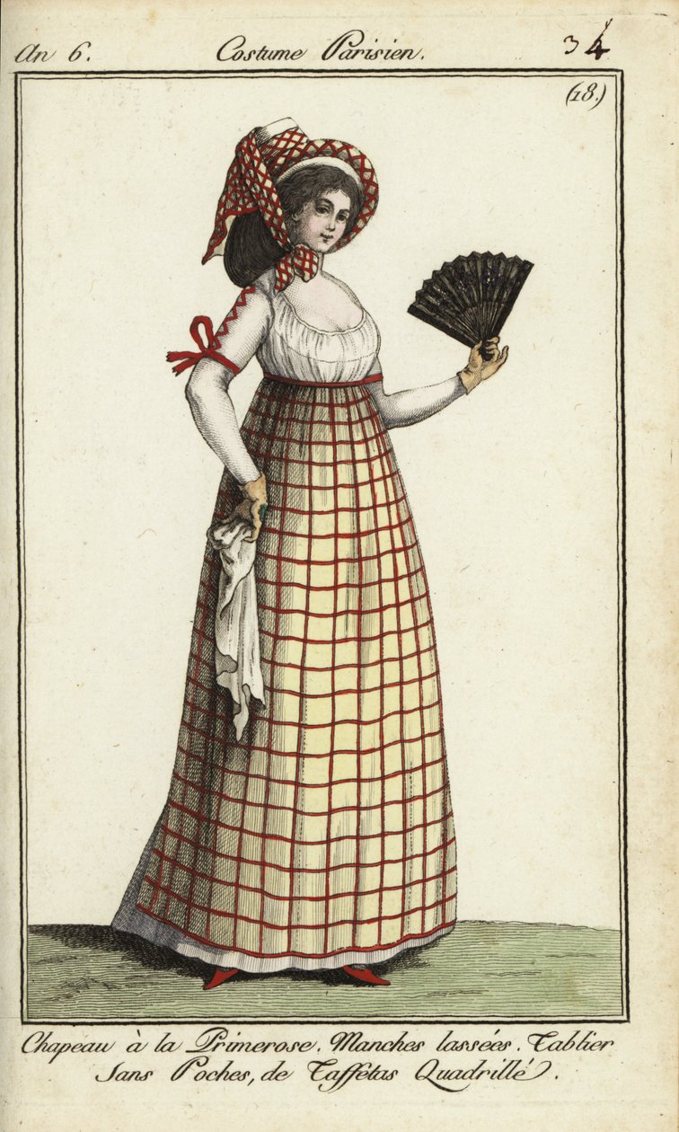 Mulher na moda Primerose hat de 1798 (gravação em chapa de cobre colorida à mão) de French School