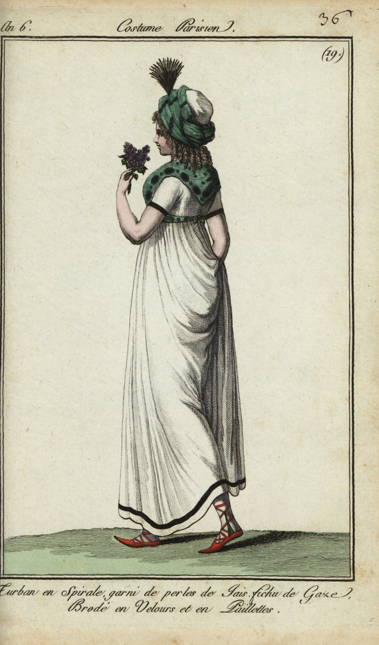 Mulher à moda de 1798 (gravura em chapa de cobre colorida à mão) de French School