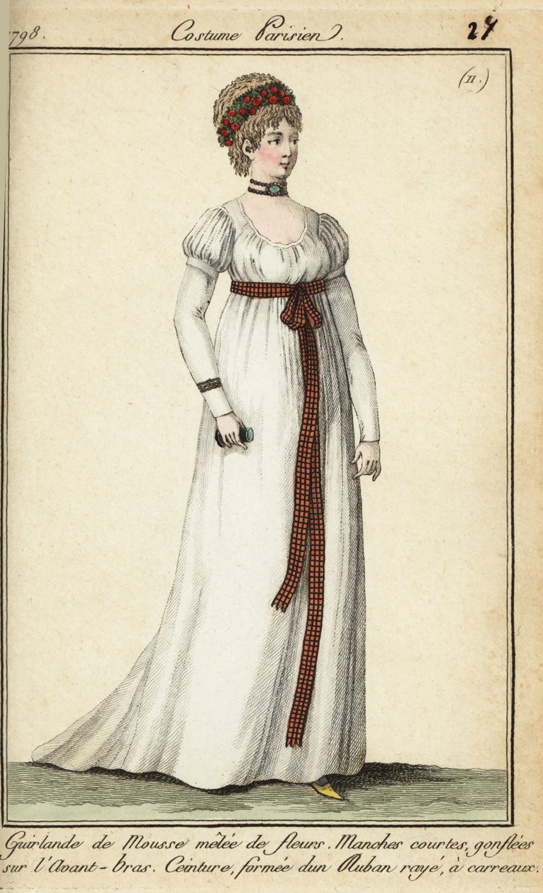 Mulher na moda de 1798 com cabelo curto sob uma grinalda (gravação em chapa de cobre colorida à mão) de French School