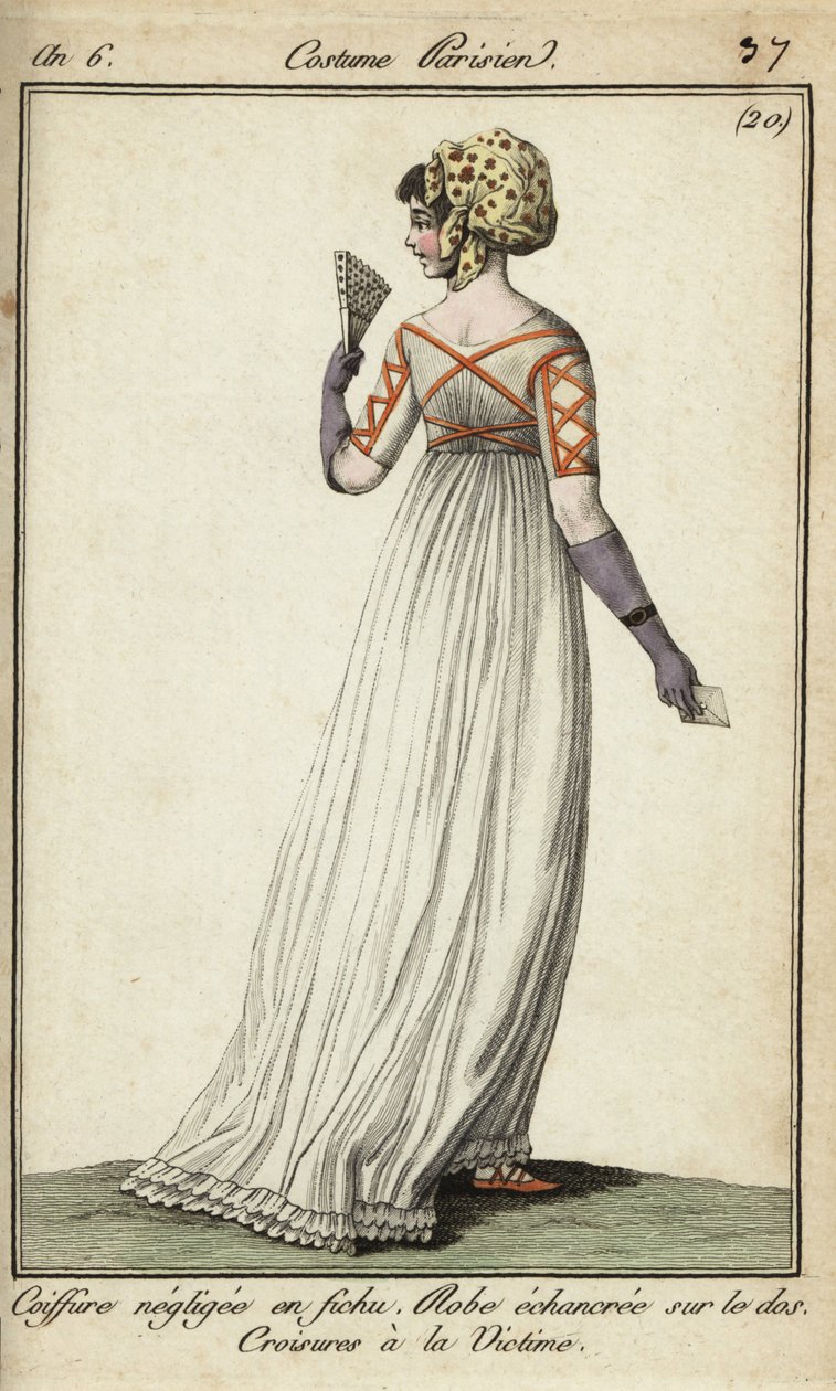 Mulher com vestido de fita cruzada ao estilo de vítima de French School