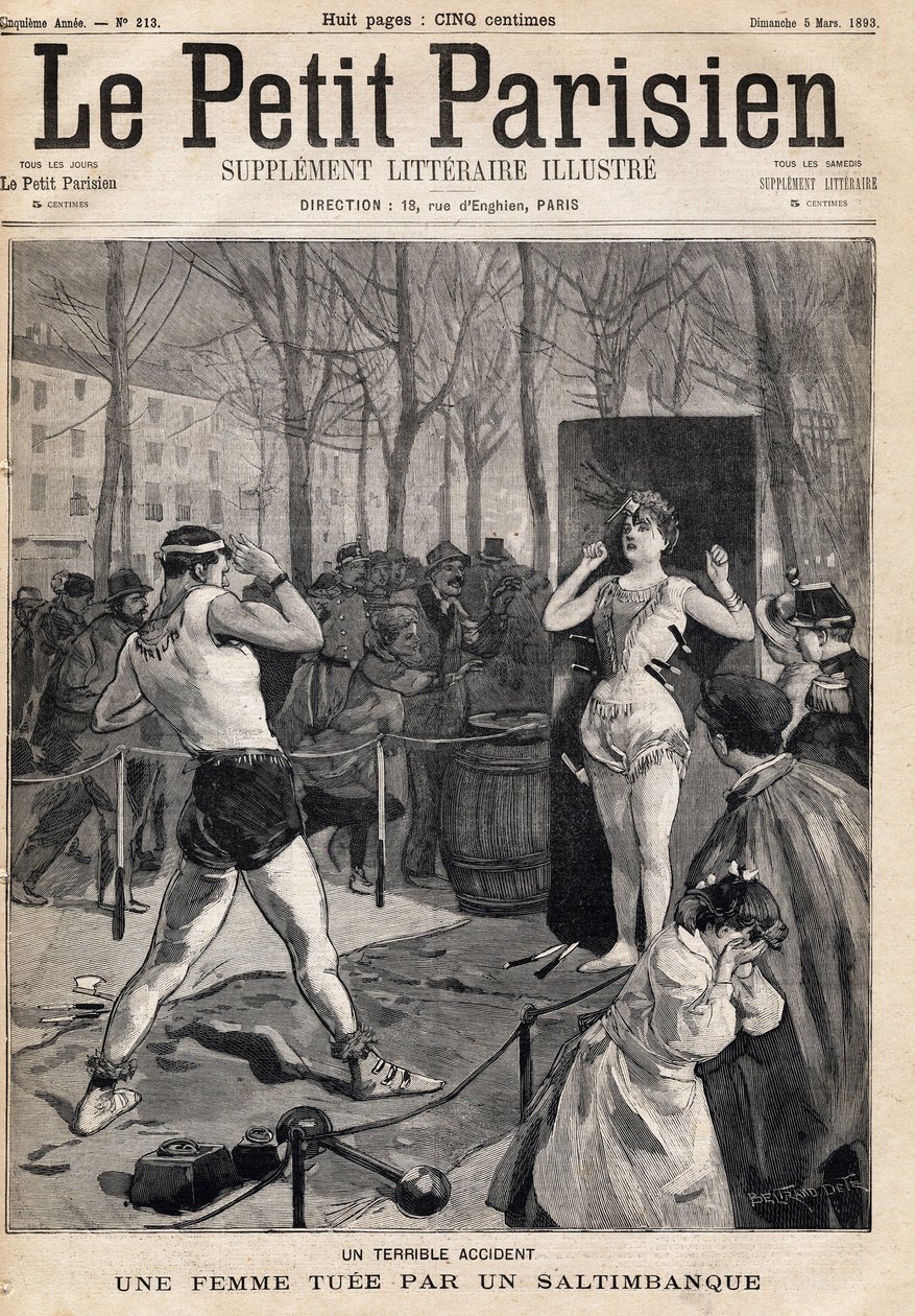 Mulher morta por acidente durante um show de saltibank na rua, Place des Quinconces em Bordeaux. Um dos jornais " Le petit Parisien" em 5/03/1893 (gravura) de French School