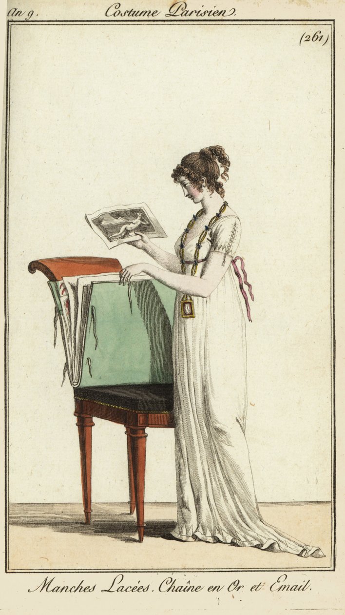 Mulher a olhar para um portfólio de gravuras de French School