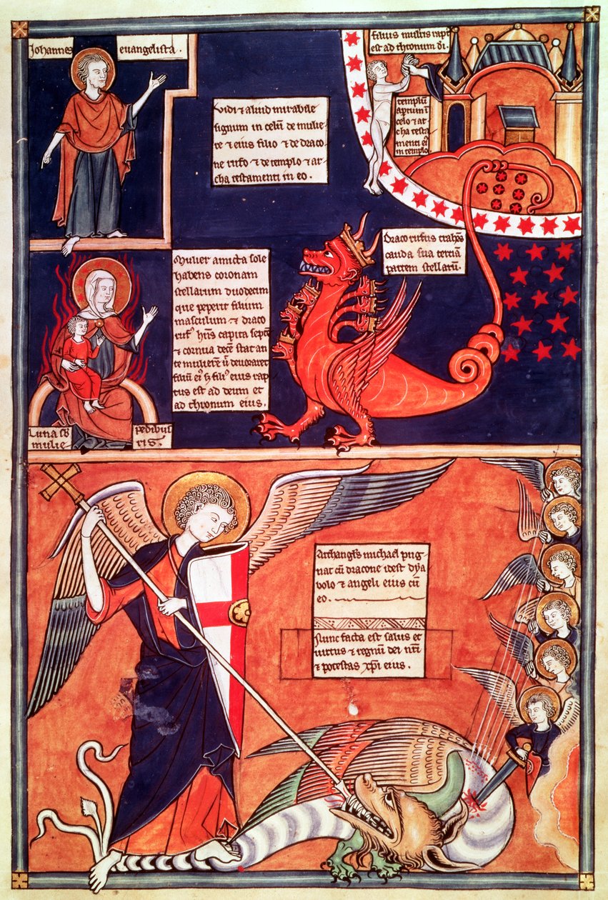 Mulher do Apocalipse sendo atacada pelo Dragão de Sete Cabeças e São Miguel Matando o Dragão, de Liber Floridus por Lambert de Saint-Omer, c.1120 de French School