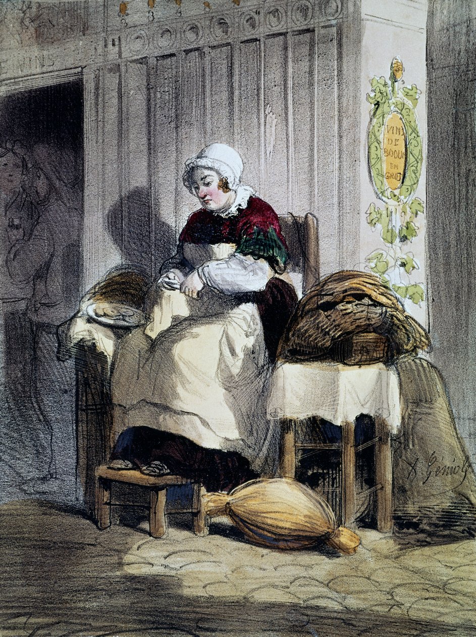 Mulher abrindo ostras (ecailliere), estampa da série Mulheres de Paris, França de French School