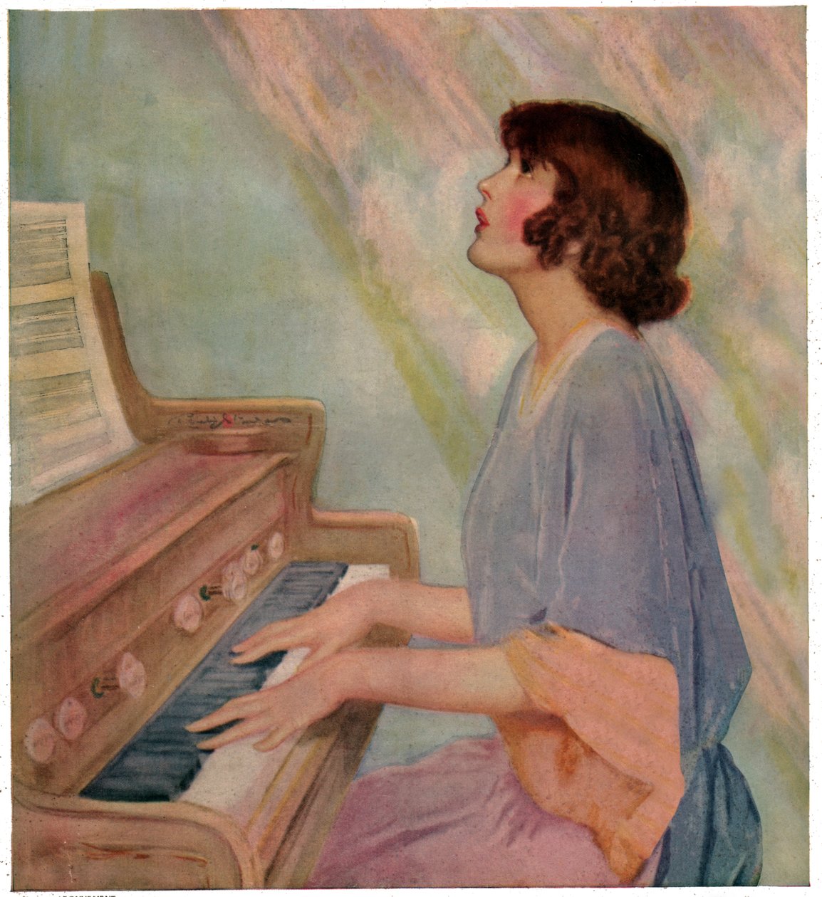Mulher tocando órgão de French School
