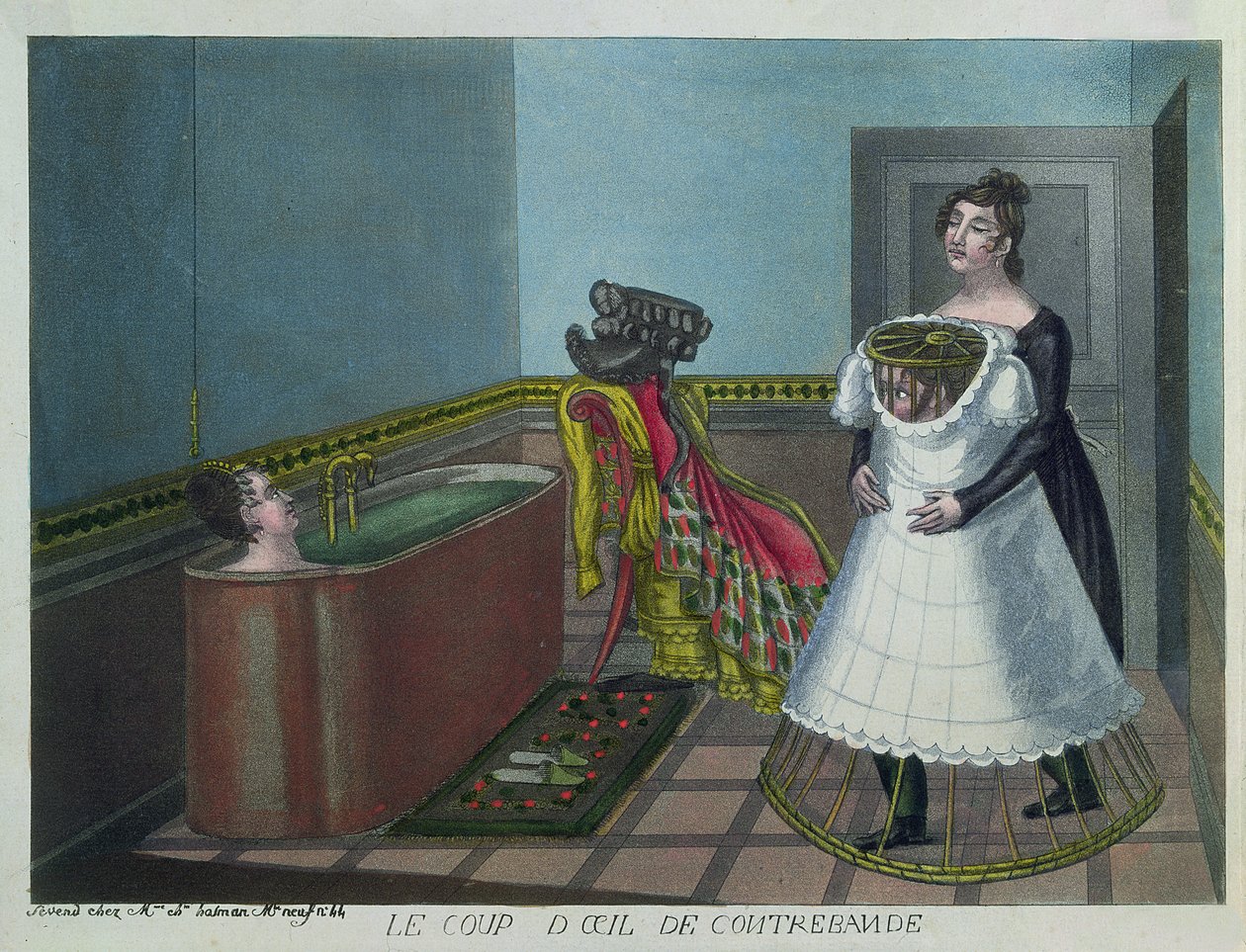 Mulher tomando banho enquanto sua empregada esconde secretamente um voyeur, início do século XIX (gravura a cores) de French School