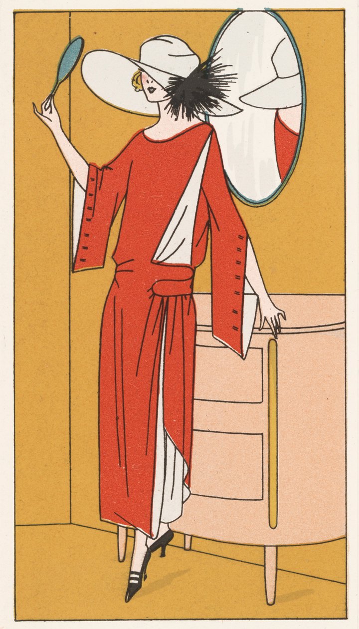 Mulher com um vestido de crepe vermelho e chapéu branco dos anos 20 (litografia a cores) de French School