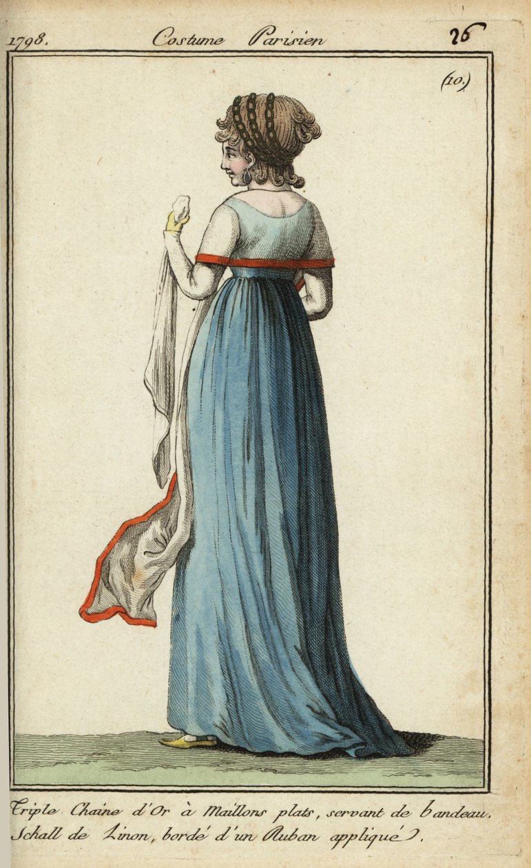 Mulher com xaile de ver através da moda de 1798 (gravação de chapa de cobre colorida à mão) de French School
