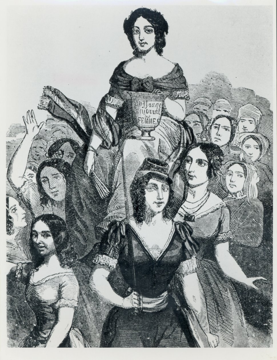 Mulheres carregando Jeanne Deroin (1805-94) em triunfo, de mulheres famosas, volume I, Paris, Mazenod, 1848 de French School