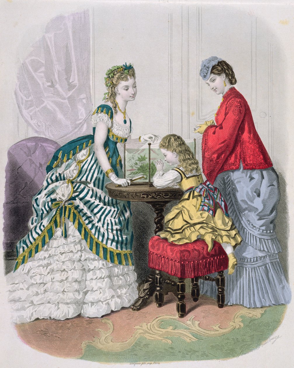 Mulheres e uma criança olhando para um aquário, de La Mode Illustrée, c.1870 de French School