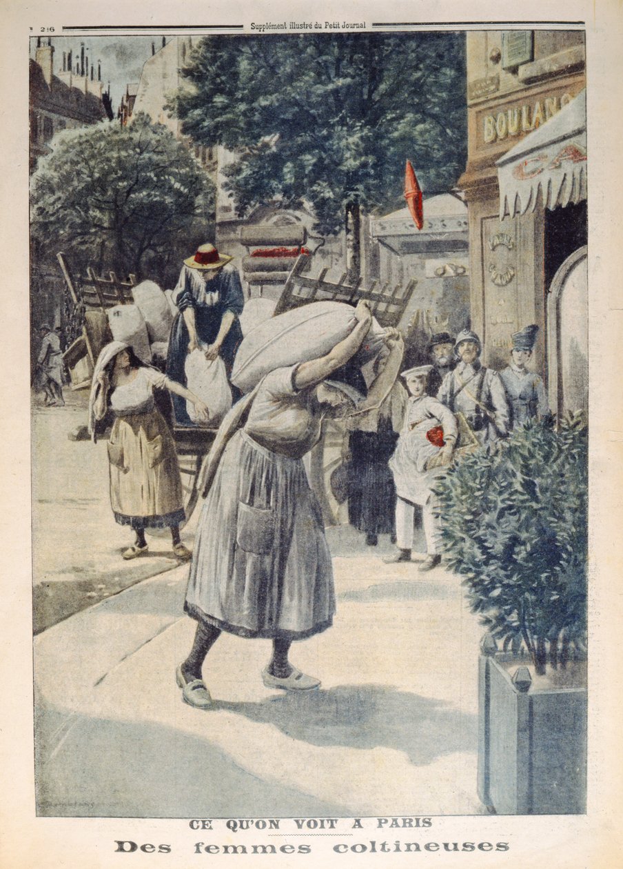 Mulheres carregando sacos de farinha durante a 1 ª Guerra Mundial em Paris, ilustração do Le Petit Journal, 8 de julho de 1917 de French School