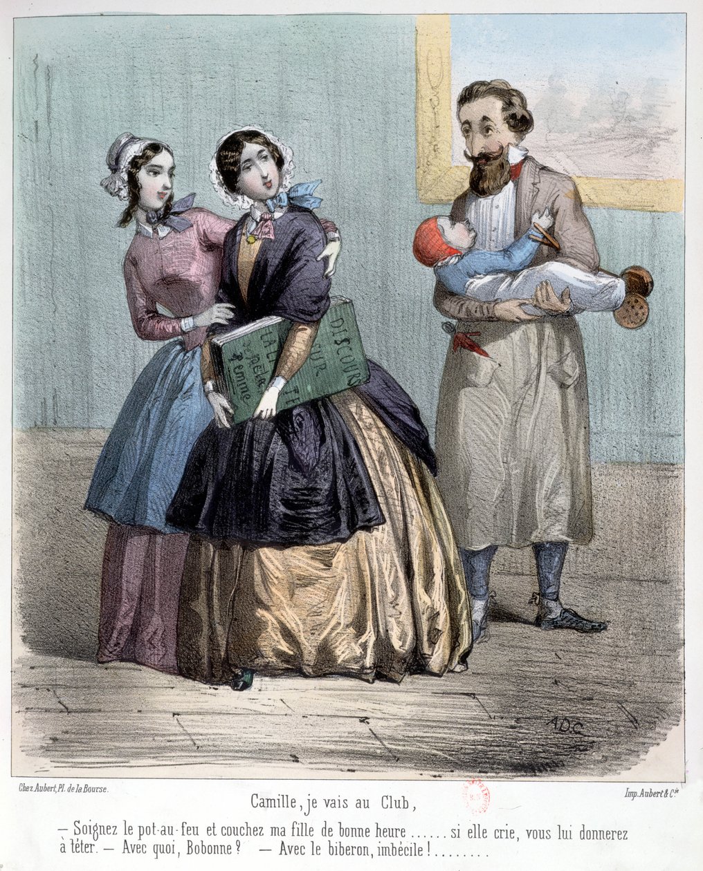 Mulheres deixando seus maridos para cuidar de crianças enquanto vão para o clube, 1848 de French School