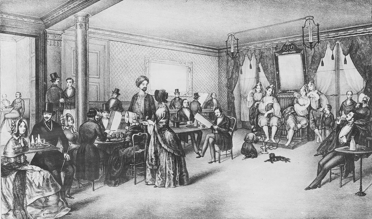 Mulheres de Argel em um café em Paris, c.1860 (gravura) de French School