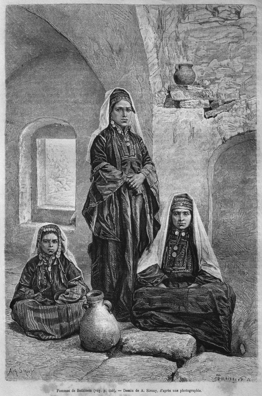 Mulheres de Belém, da Síria hoje. Viajar para a Fenícia, o Líbano e a Judéia. 1875-1880 de Louis Charles Emile Lortet, 1884 (gravura do bw) de French School