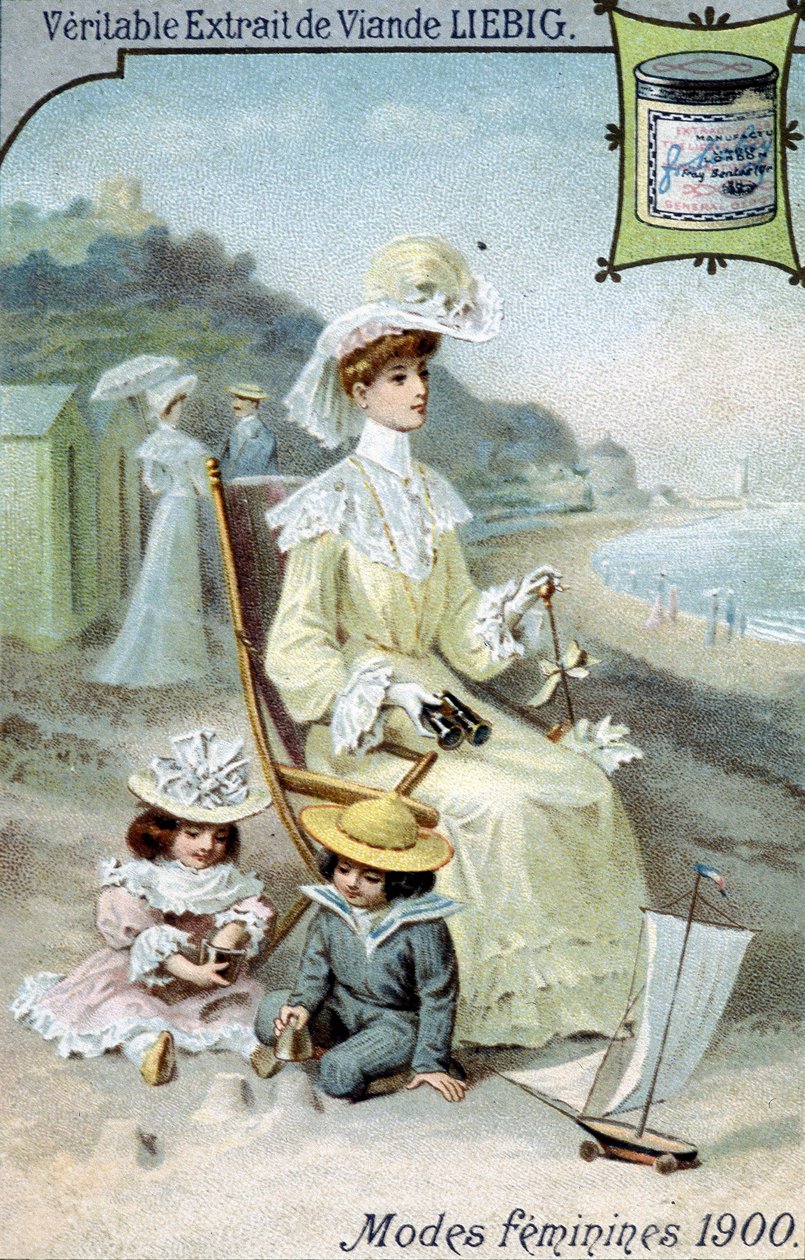 Moda Feminina 1900. Mulher na praia com os seus dois filhos. Produtos cromolitográficos Liebig. de French School