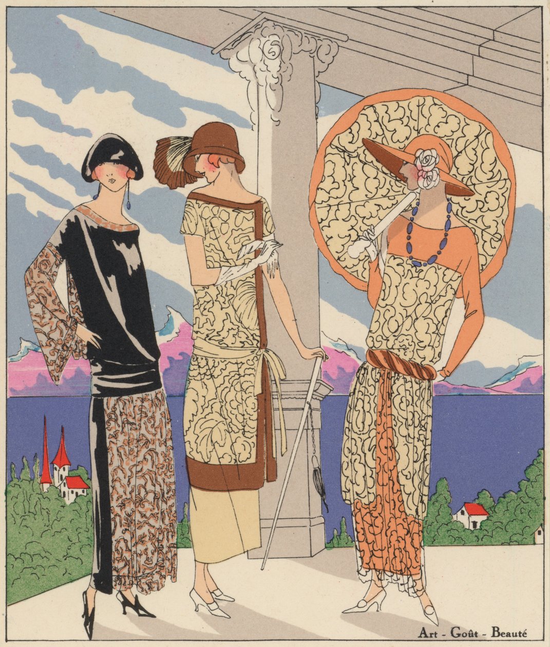 Moda feminina para o dia dos estilistas Edward Molyneux e Philippe e Gaston de French School