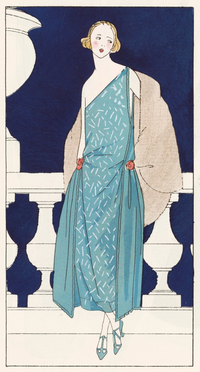 Vestido de noite para mulher da estilista Jenny (Jenny Sacerdote) nos anos 20 (litografia a cores) de French School