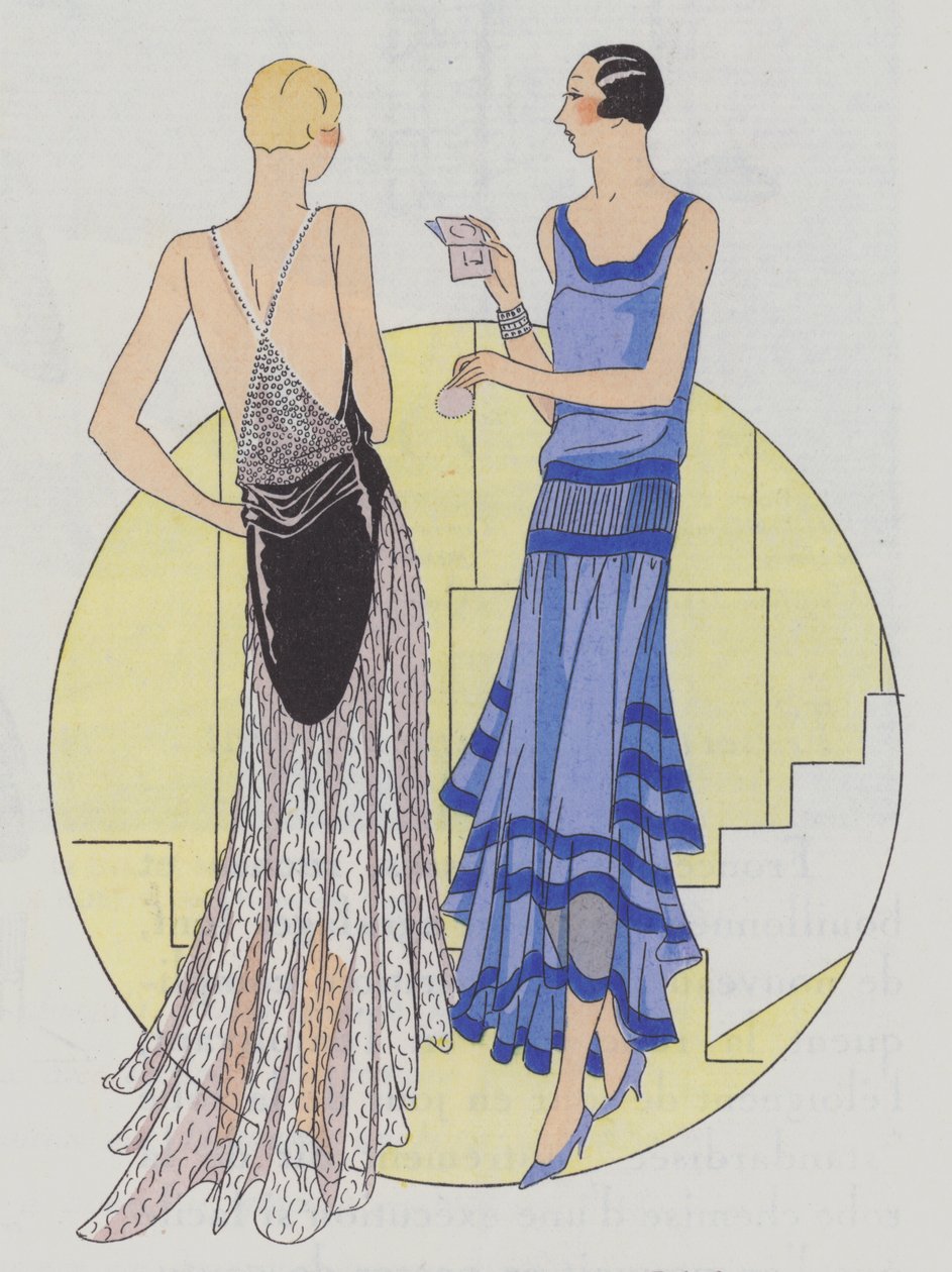 Moda de noite feminina dos anos 30 dos estilistas Jenny e Philippe et Gaston (litografia a cores) de French School