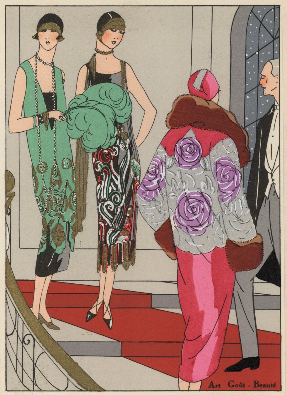 Moda de noite feminina dos anos 20 dos estilistas Edward Molyneux e Martial e Amand (litografia a cores) de French School