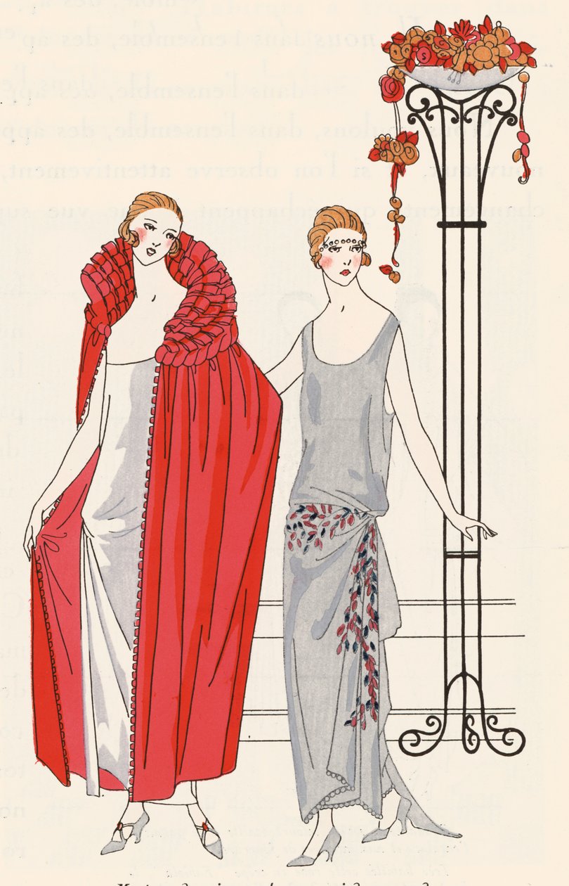 Roupa de noite para senhora dos anos 20 do estilista Premet (litografia a cores) de French School