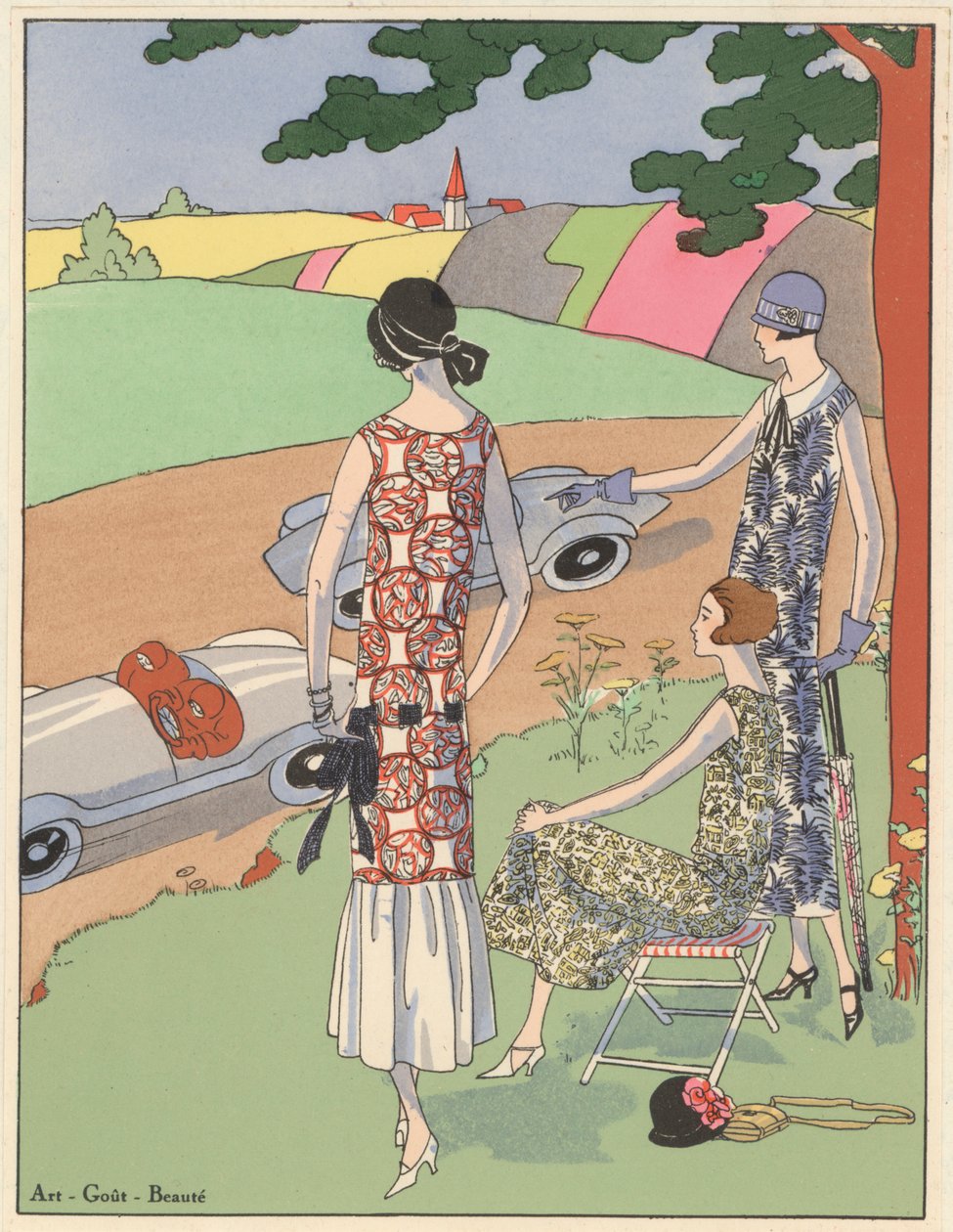 Design de moda feminina dos anos 20: assistir a corridas de carros desportivos (litografia a cores) de French School