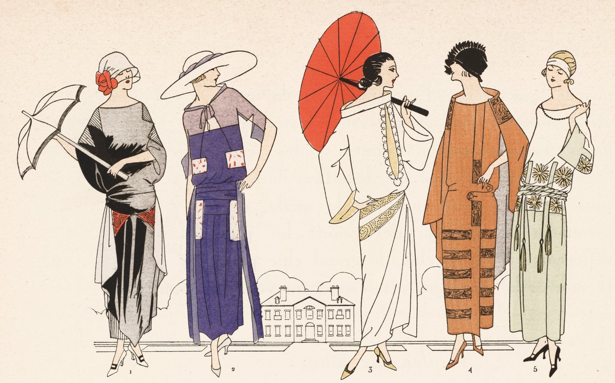 Moda feminina dos anos 20 (litografia a cores) de French School