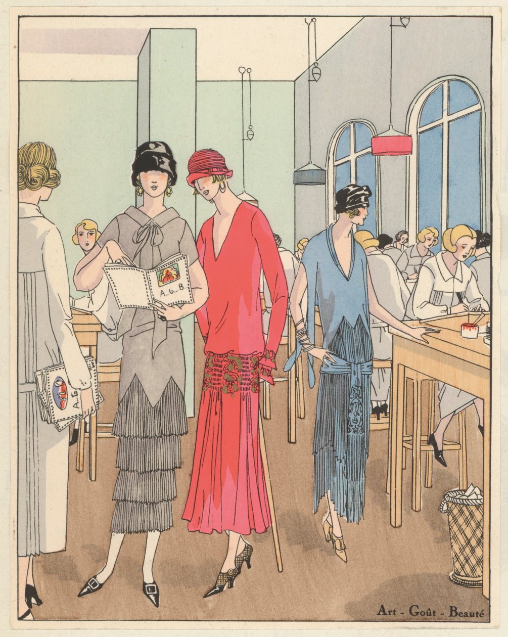 Moda feminina da década de 1920 dos estilistas Jean Patou e Georges Doeuillet (litografia a cores) de French School