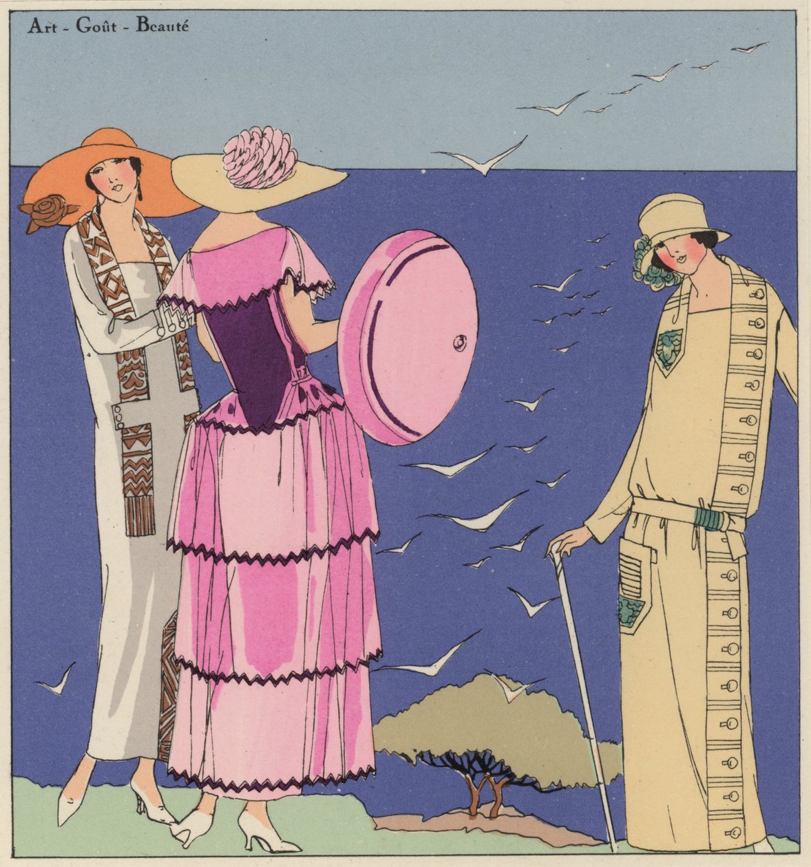 Moda feminina da década de 1920 dos estilistas Paul Poiret e Jacques Doucet (litografia a cores) de French School