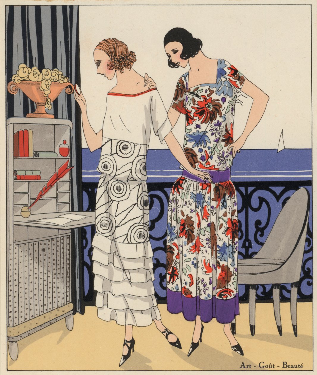 Moda feminina da década de 1920 dos estilistas Philippe e Gaston e Martial e Armand. (litografia a cores) de French School