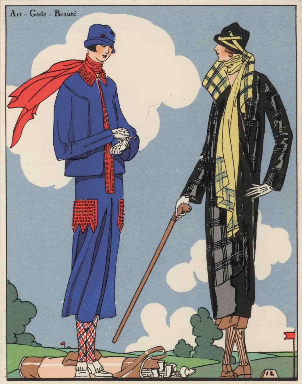 Moda feminina de golfe da década de 1920 dos estilistas Martial e Armand e Christoph Drecoll. (litografia a cores) de French School