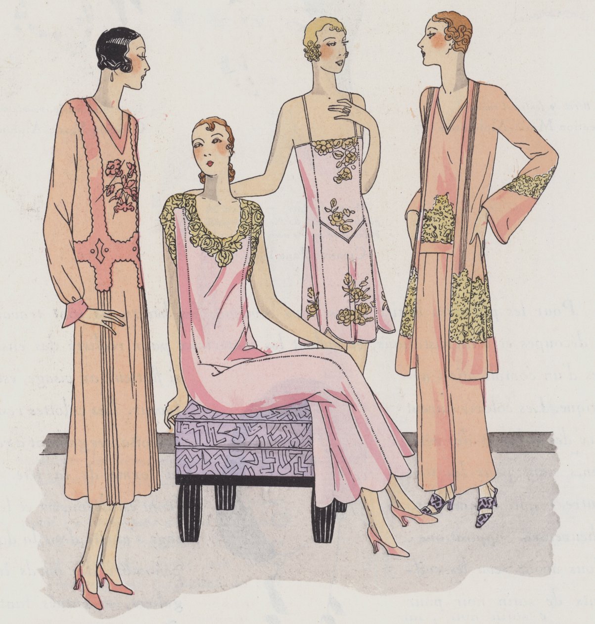 Design de lingerie para senhora da década de 1930 dos designers Redfern e Rouff (litografia a cores) de French School
