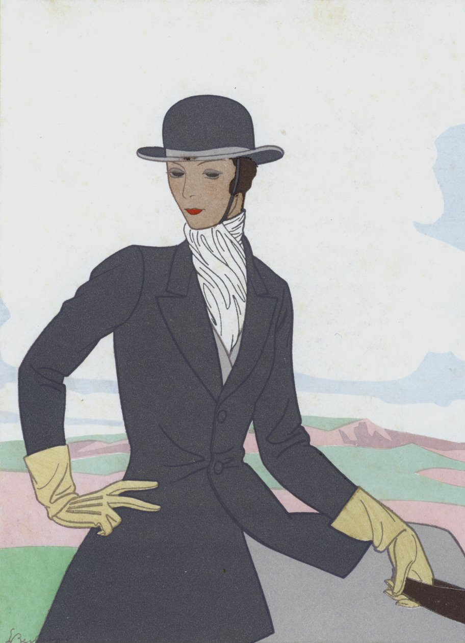 Desenho de hábito de montar para mulher dos anos 20 (litografia a cores) de French School
