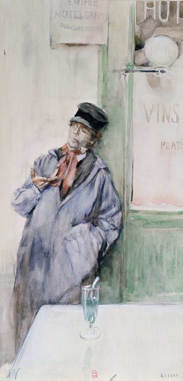 Trabalhador em um café com um copo de absinto, c.1900 (wc no papel) de French School