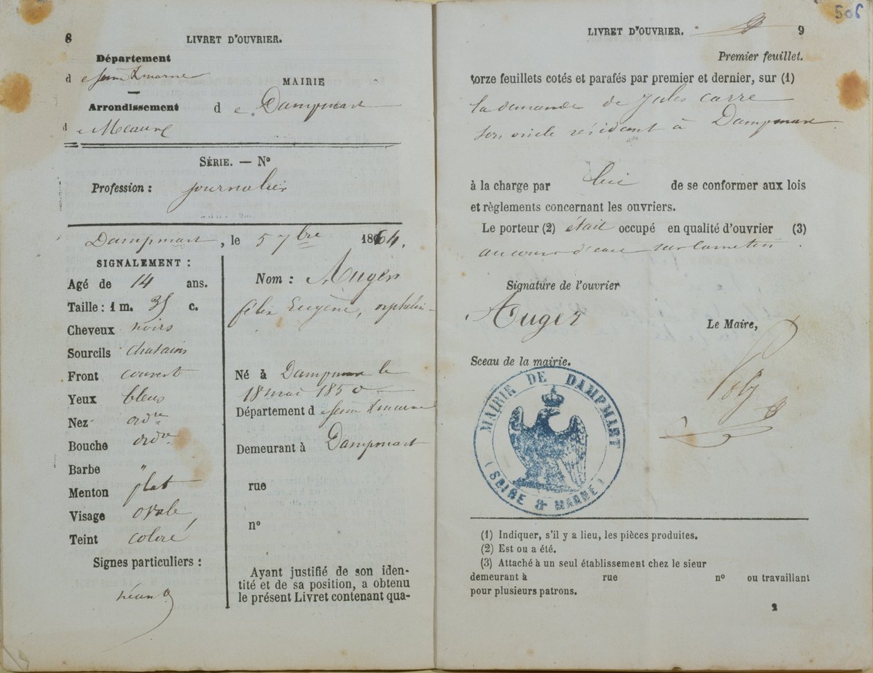 Manual de Trabalhadores emitido por Mairie de Dampmart a Felix Auger (n.1850), 1864 de French School