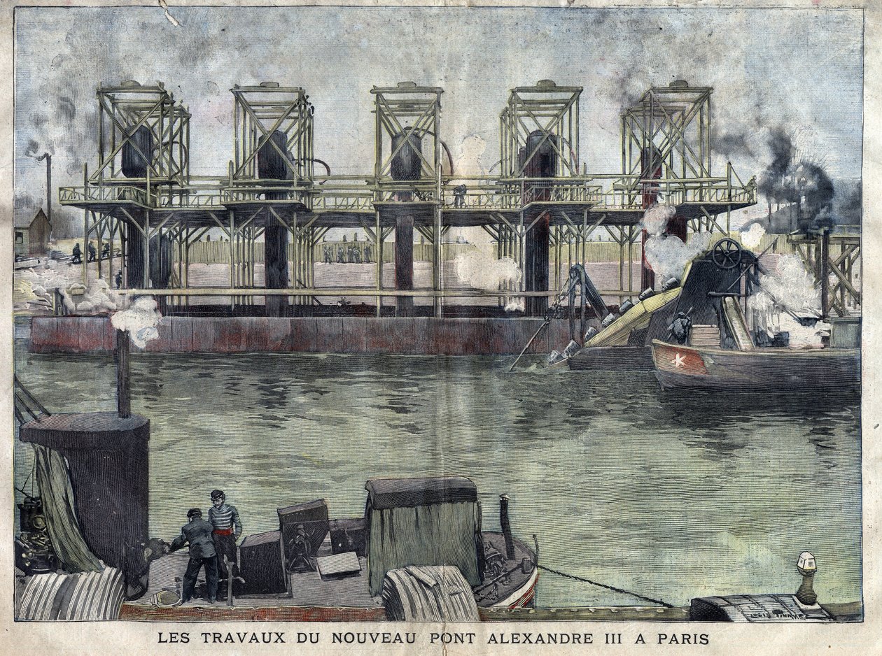 Obras em Paris da Pont Alexandre III. Gravura de Abril de 1898 em "La petite Gironde". de French School