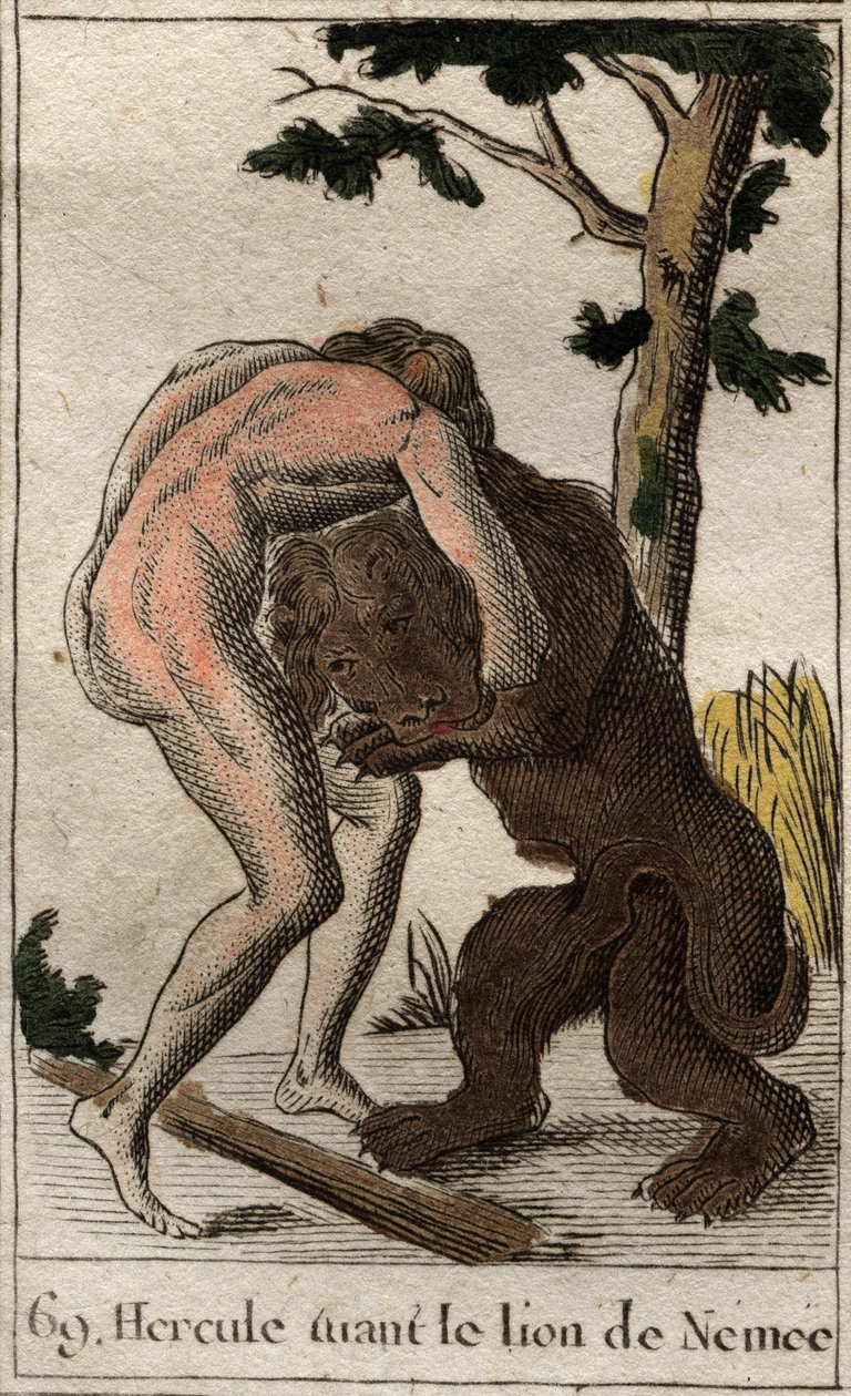 Trabalhos de Hércules: "Hércules matando o leão de Nemee" (Primeiro trabalho de Heracles, Hércules matando o leão de Nemean) de "Mitologia da Juventude" de Pierre Blanchard 1803. de French School