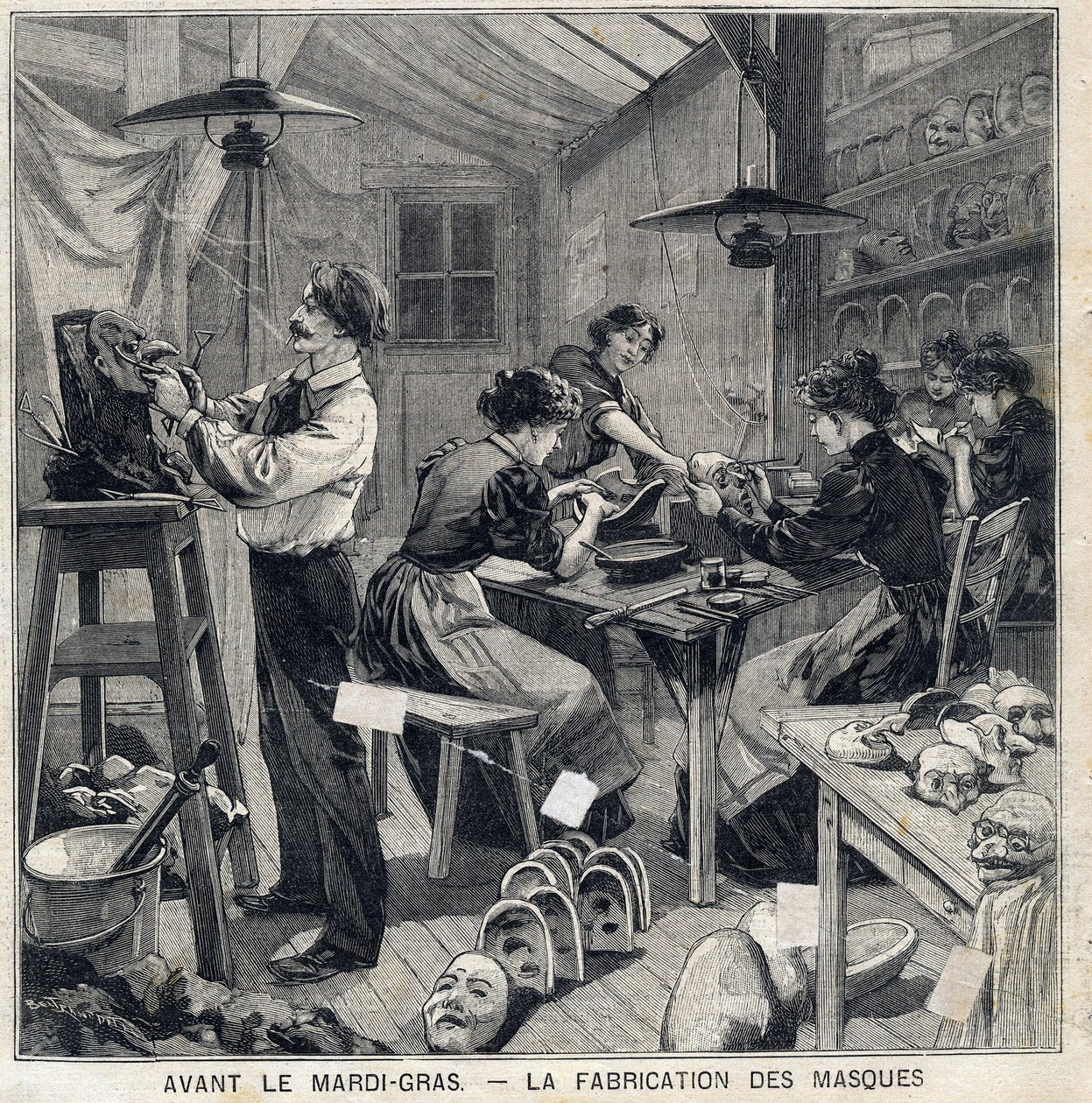 Oficina de fabricação de máscaras para os disfarces do festival Mardi-Gras (Mardi-Gras). No "Le Petit Parisien" em 14/02/1897 de French School