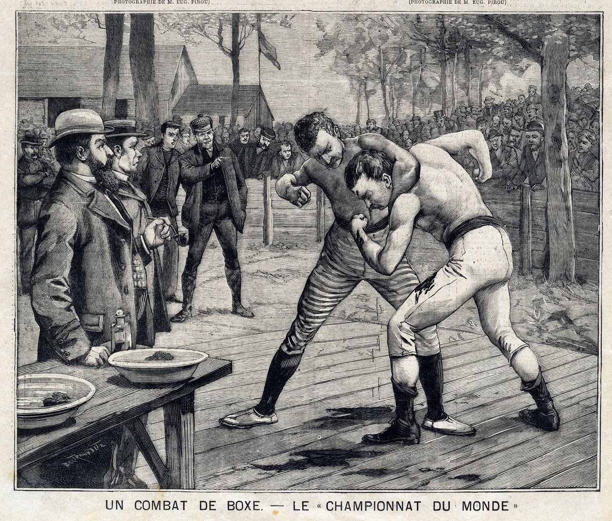 Campeonato Mundial: luta de boxe entre Jim Corbett e Bob Fitzsimmons em Carson, Nevada, Estados Unidos: Em "The Little Parisien" a 11/04/1897. Coleção Privada de French School