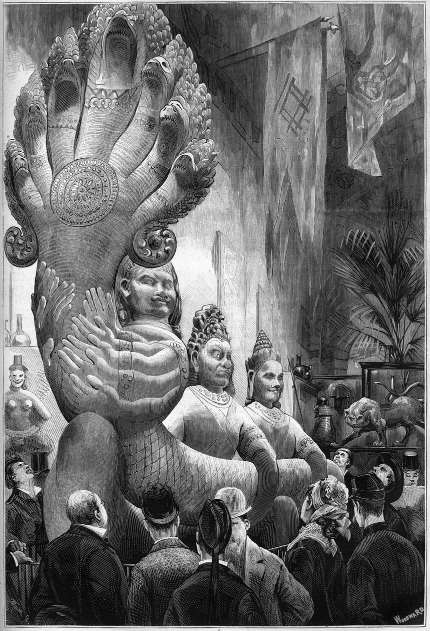 Exposição Mundial 1878 em Paris: estátuas dos Gigantes Cambojanos e da Serpente Policefálica, relatadas do Camboja pela Missão Delaporte, expostas na Galeria Retrospectiva do Trocadero. Gravura em "Le Monde Illustré" n°1127 de 1 de novembro de French School