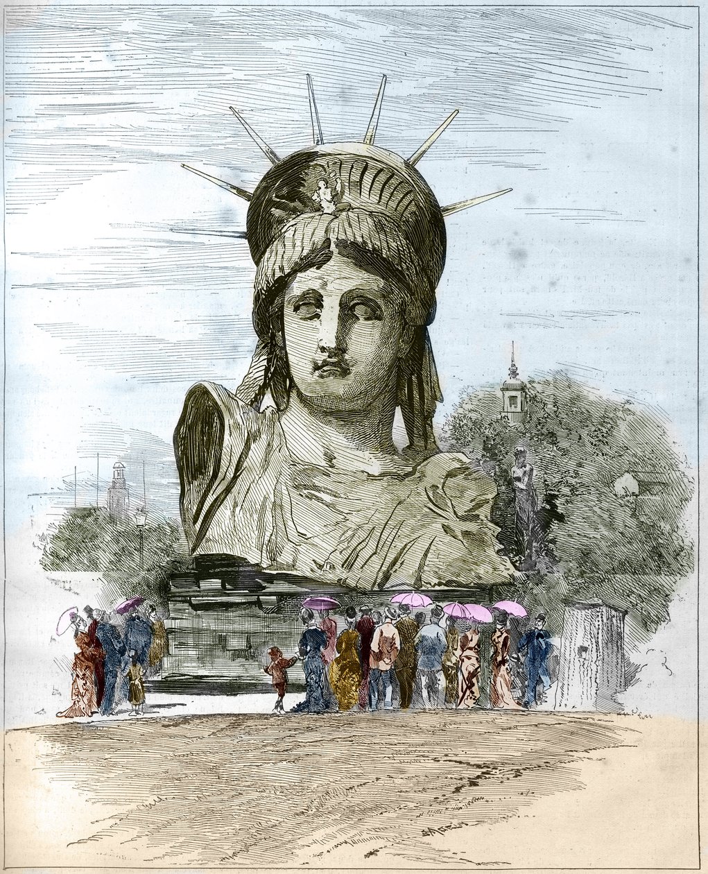 Exposição Mundial 1878 em Paris: a cabeça da Estátua da Liberdade de Frederic Auguste Bartholdi (1834-1904). Gravura de Edgard Morin em "O Mundo Ilustrado" n°1111 de 13 de Julho de 1878. de French School