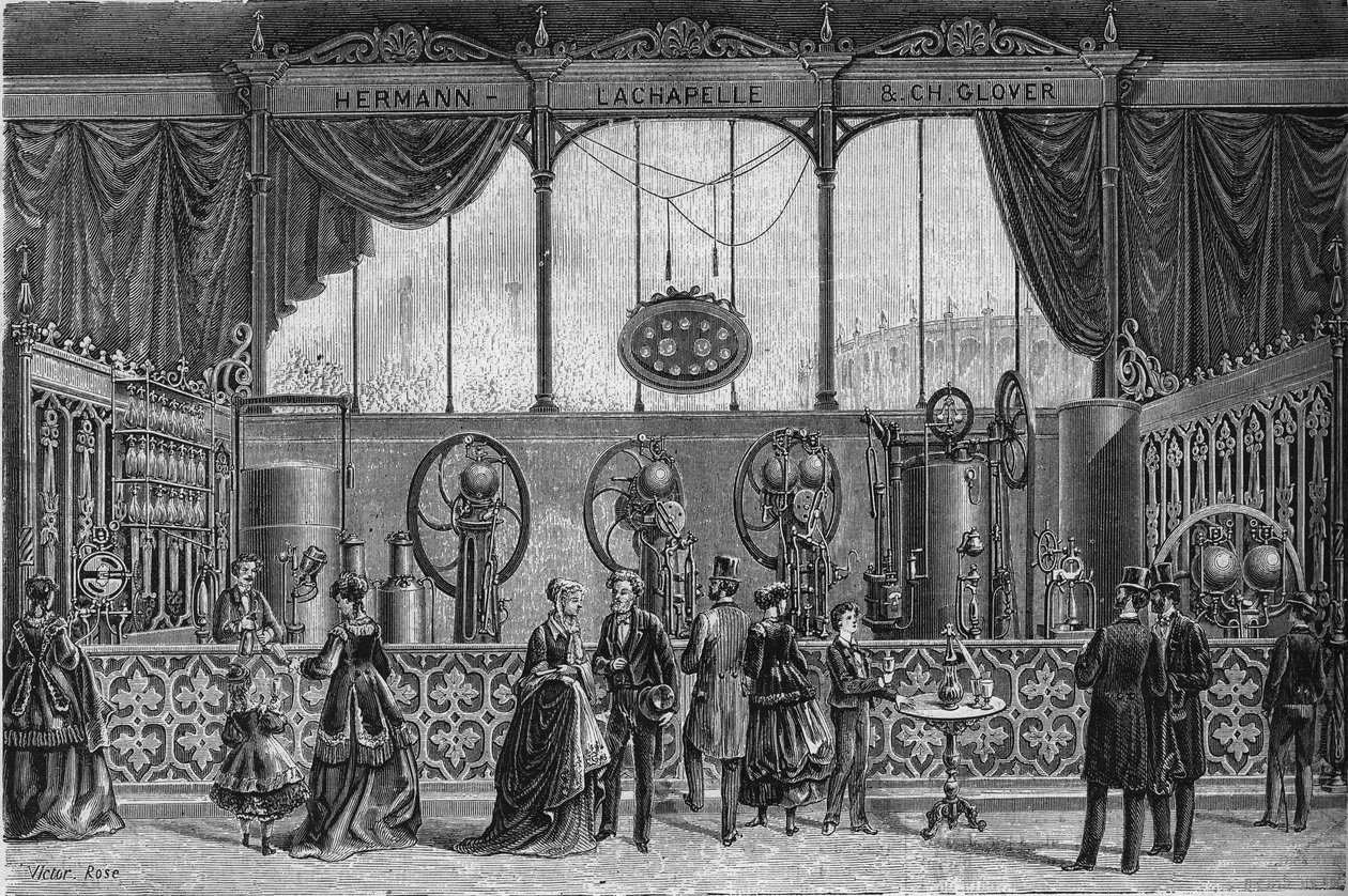 Exposição mundial de 1867: aparelhos a gás de água inventados por Hermann Lachapelle (Hermann-Lachapelle) e Glover (saturador, gazómetro, pulverizador, bomba doseadora...). Gravura em "Le Monde Illustré" n°578 de 9 de Maio de 1868. de French School